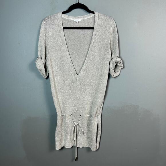 Massimo Dutti sweater Large lightweight linen belted v-neck blouson minimalist - Picture 1 of 14